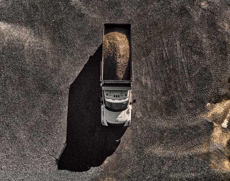 A view of the Volvo VNX from above. Showing the truck with sand in the container.