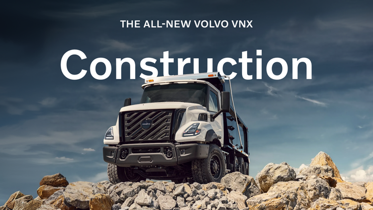A Volvo VNX on a rocky ground with a text overlay that reads "The All-New Volvo VNX. Construction"