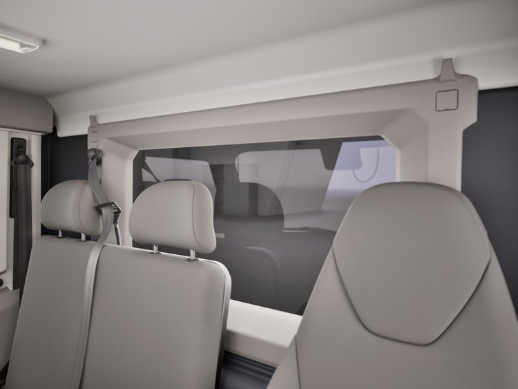 The view of the bench of the Volvo VNX. Showing three seats at the back.
